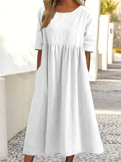 Imogen – Lässiges Damenkleid aus Baumwolle und Leinen mit kurzen Ärmeln und Taschen