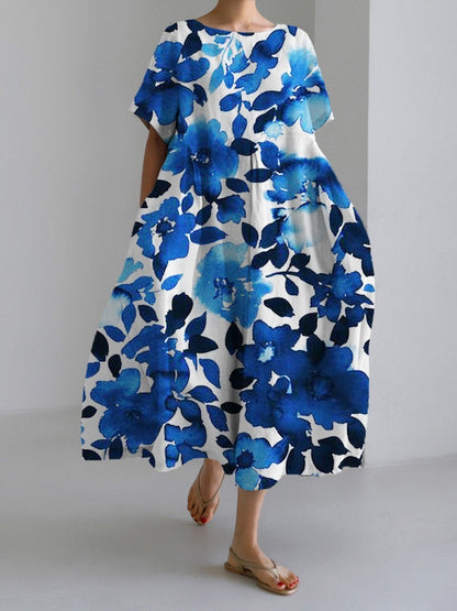 Damen Maxikleid im Retro-Stil mit großem Blumenmuster – Lockeres Sommerkleid für Alltag und Freizeit