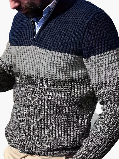 Herren Strickpullover mit Streifenmuster und Stehkragen – Modischer Freizeit-Look für Business & Alltag