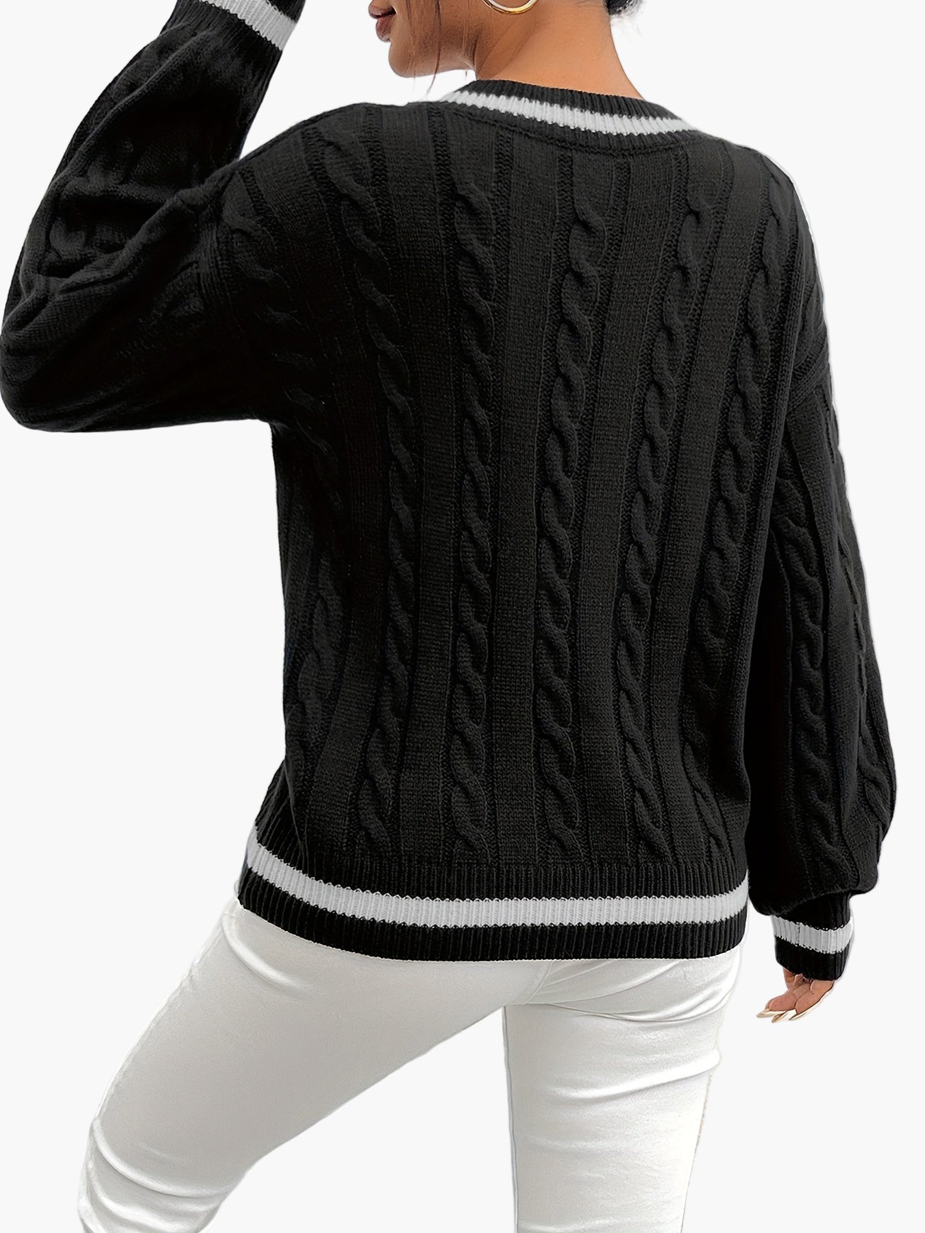 Damen Pullover im eleganten Zopfmuster mit V-Ausschnitt – Perfekt für Alltag und Büro