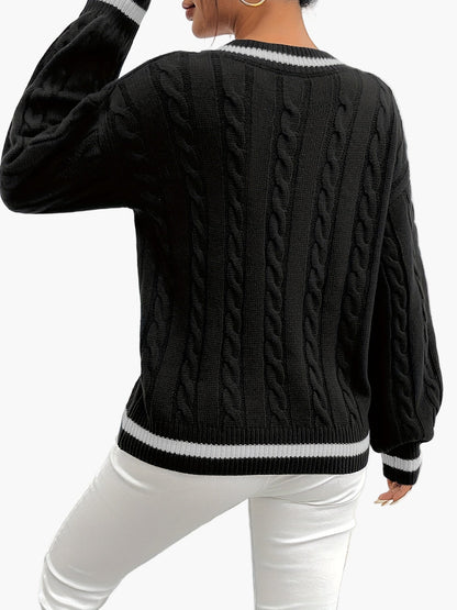 Damen Pullover im eleganten Zopfmuster mit V-Ausschnitt – Perfekt für Alltag und Büro