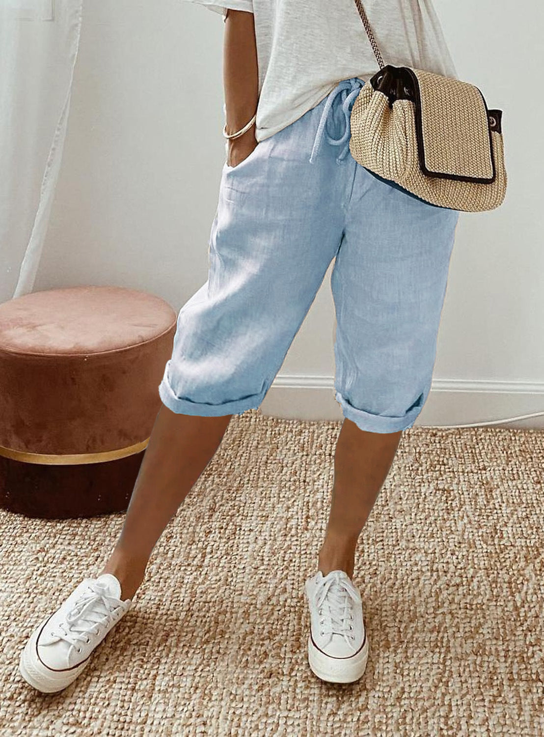 Rachel – Elastische Damenhose aus Baumwolle und Leinen mit Taschen