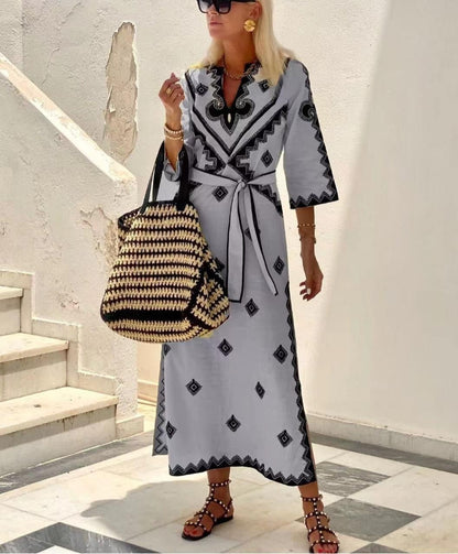 Phoebe – Bedrucktes Leinen Boho-Kleid