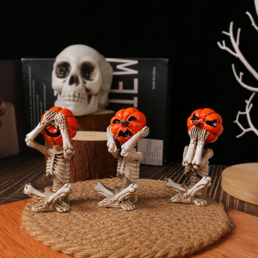 Halloween Deko Figuren Kürbis Skelett-Set – 3-teilig – Lustige Gruseldeko für Party & Zuhause