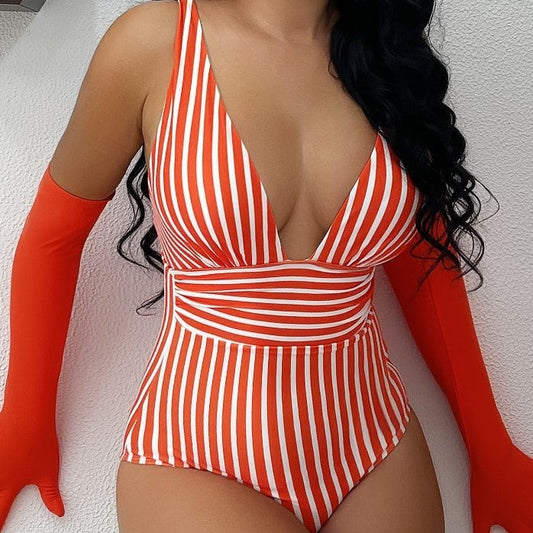 Damen Einteiler Badeanzug mit Streifenmuster und tiefem V-Ausschnitt – Stilvoller Sommer Look für Strand & Pool