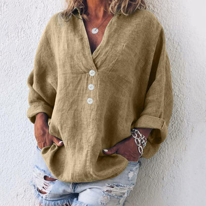Ruby – Langärmlige Bluse aus Premium-Veganleinen mit V-Ausschnitt