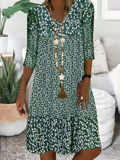 Damen Sommer Prinzessinnenkleid mit Blumenmuster, 3/4-Arm, Freizeit Midikleid, Bequem & Modisch