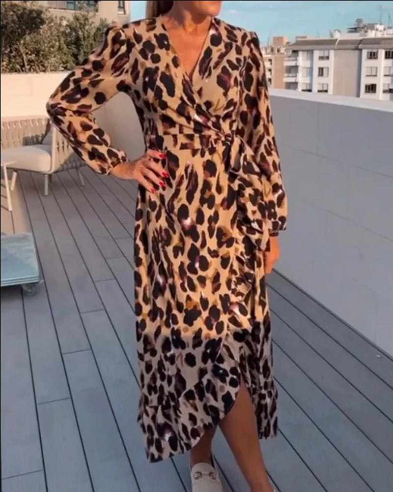 Julia – Sexy V-Ausschnitt Leopardenmuster Langarmkleid