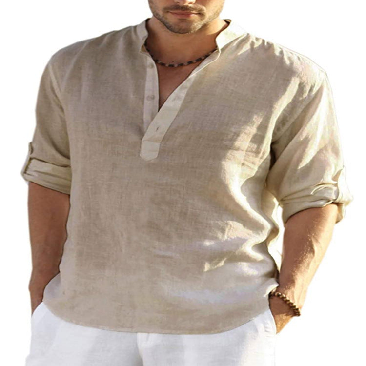 Herren Henley Shirt Langarm – Casual Sommerhemd mit Stehkragen für Freizeit, Büro und Urlaub