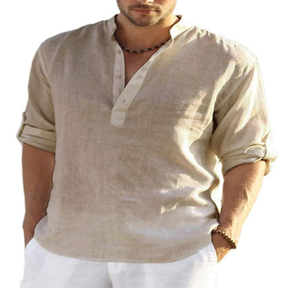 Herren Henley Shirt Langarm – Casual Sommerhemd mit Stehkragen für Freizeit, Büro und Urlaub