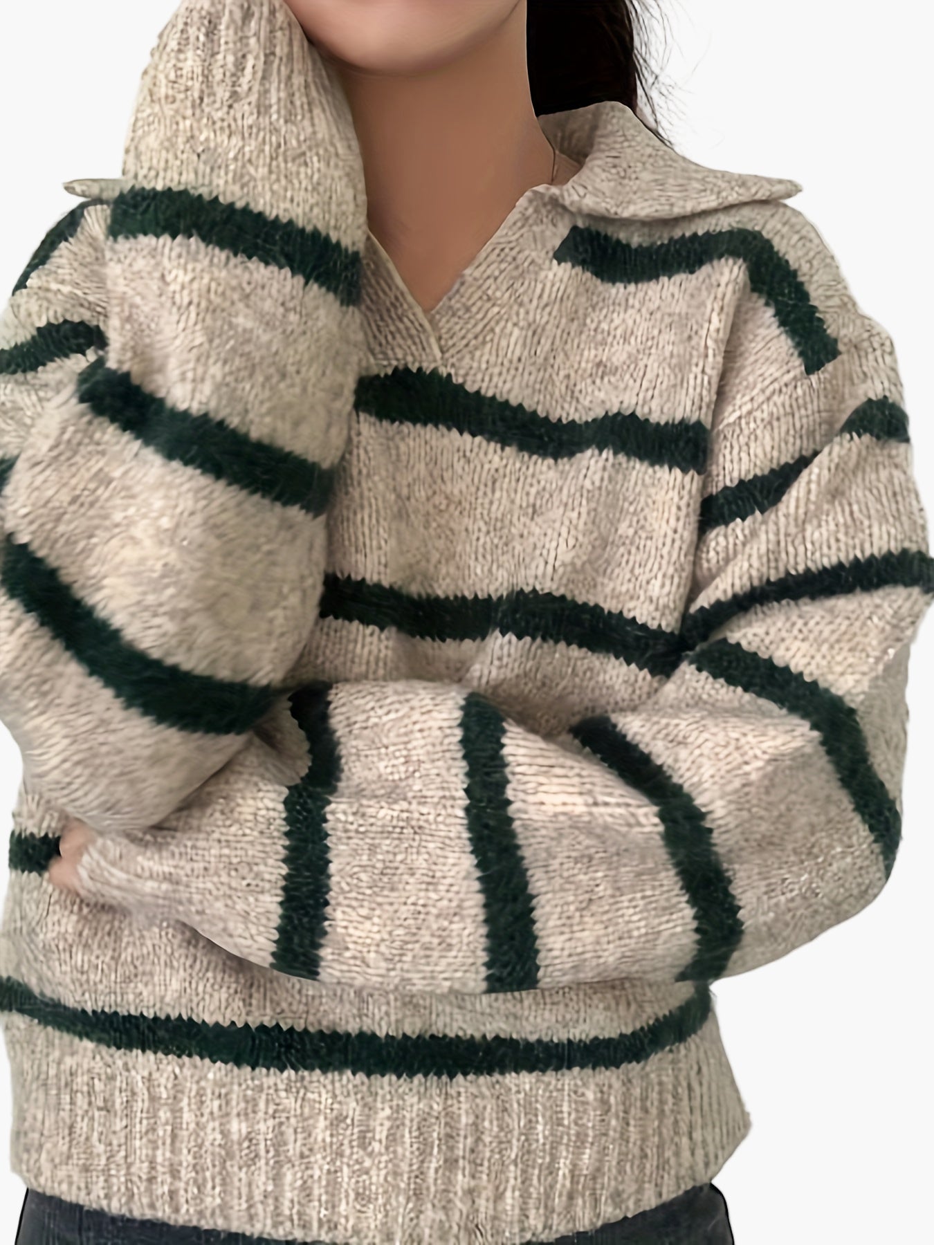 Damen Strickpullover mit Streifen und Kragen – Eleganter Freizeit-Look für Herbst und Winter