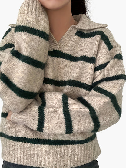 Damen Strickpullover mit Streifen und Kragen – Eleganter Freizeit-Look für Herbst und Winter