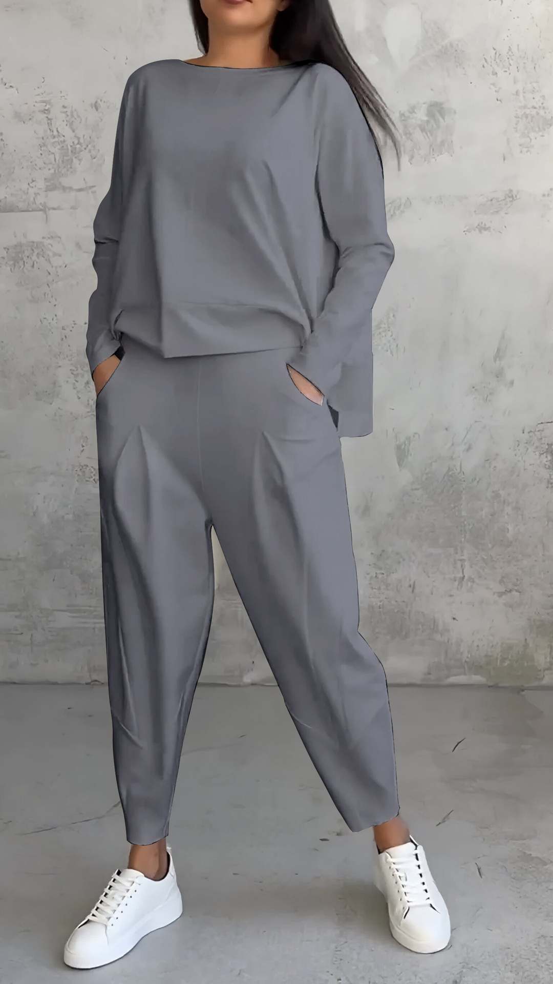 Janet – Unregelmäßiges Design Damenanzug mit Langarm-Sweater und Haremshose