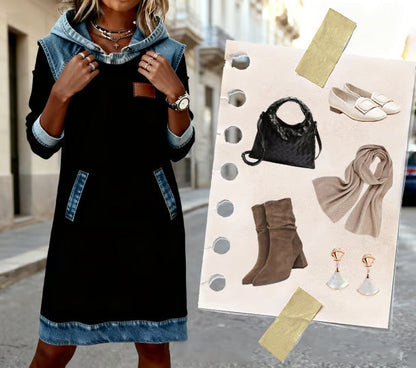 Damen Hoodie-Kleid mit Denim-Akzenten – Lässiger Streetstyle für Alltag und Freizeit