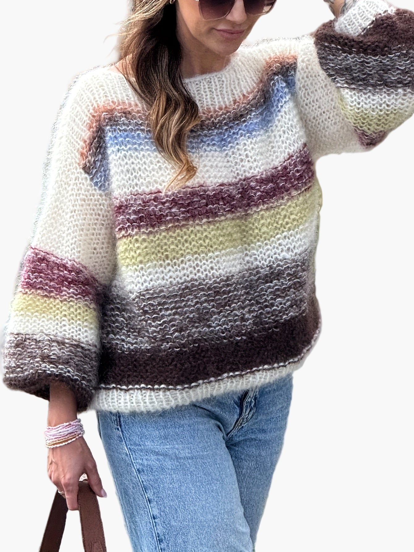 Damen Pullover Elegant Gestreift Strickpullover für Herbst/Winter Freizeit