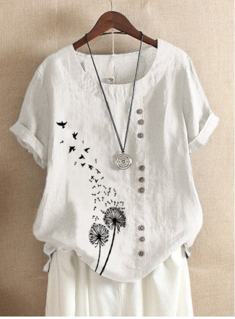 Damen Leinen-Bluse im Vintage-Stil – Lockeres Sommer T-Shirt mit Rundhalsausschnitt und Knopfleiste, Kurzarm, Ideal für Alltag und Freizeit
