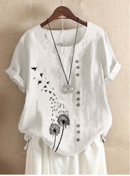 Damen Leinen-Bluse im Vintage-Stil – Lockeres Sommer T-Shirt mit Rundhalsausschnitt und Knopfleiste, Kurzarm, Ideal für Alltag und Freizeit