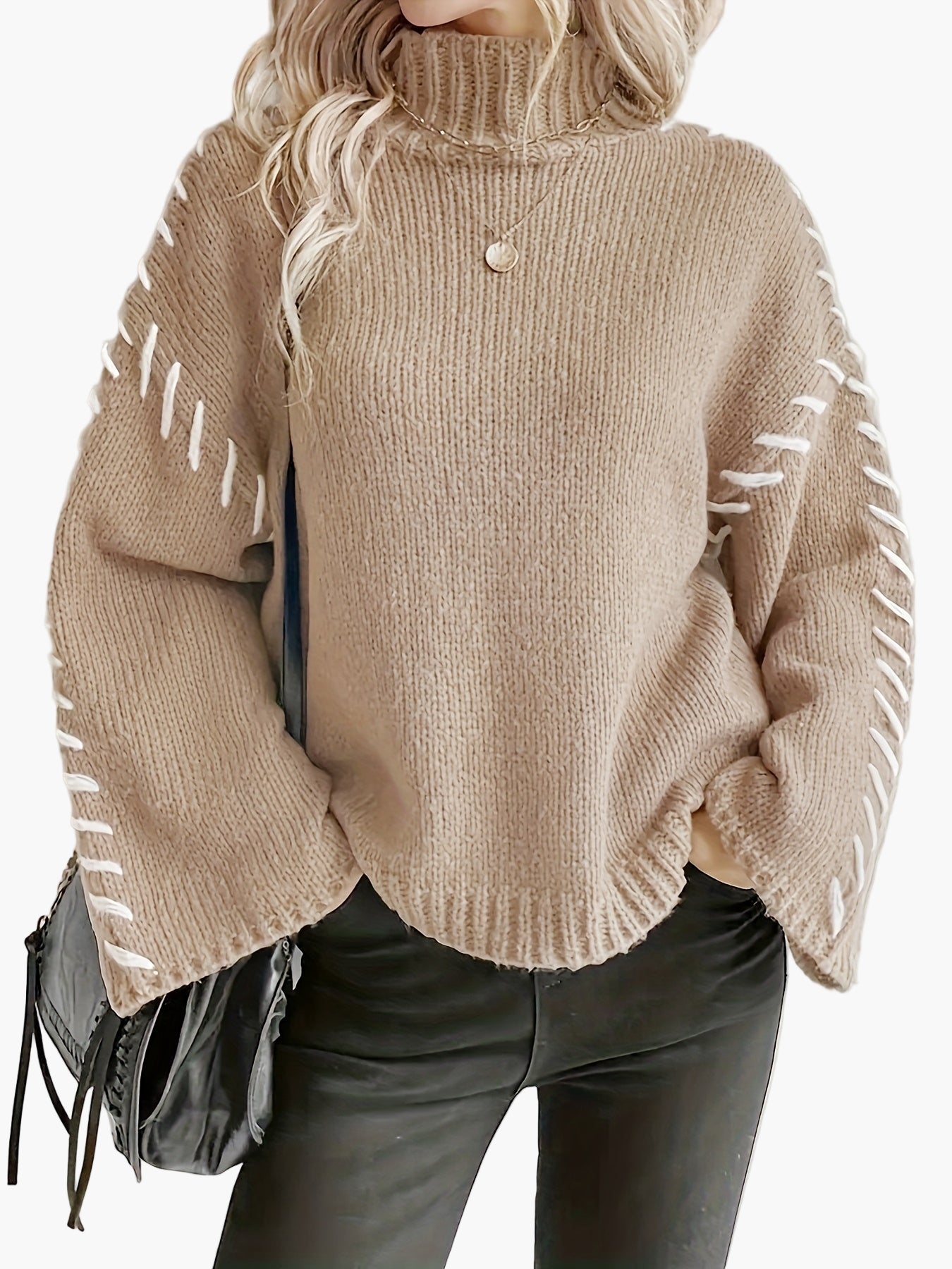 Damen Strickpullover mit weitem Ärmel und Ziernaht, eleganter Herbst/Winter Rollkragen Sweater