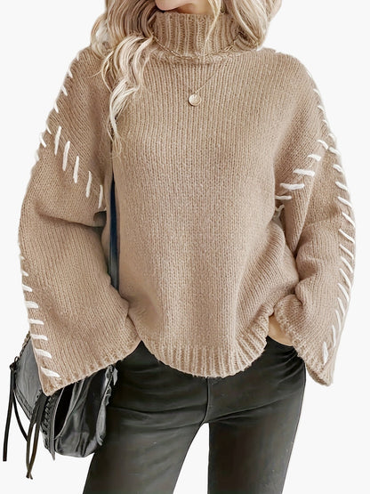 Damen Strickpullover mit weitem Ärmel und Ziernaht, eleganter Herbst/Winter Rollkragen Sweater