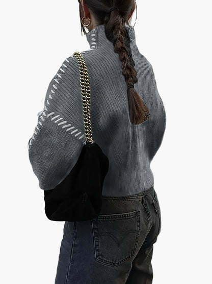 Damen Oversize Strickpullover mit Ziernähten und hohem Kragen – Modischer Herbst/Winter Sweater für trendbewusste Outfits