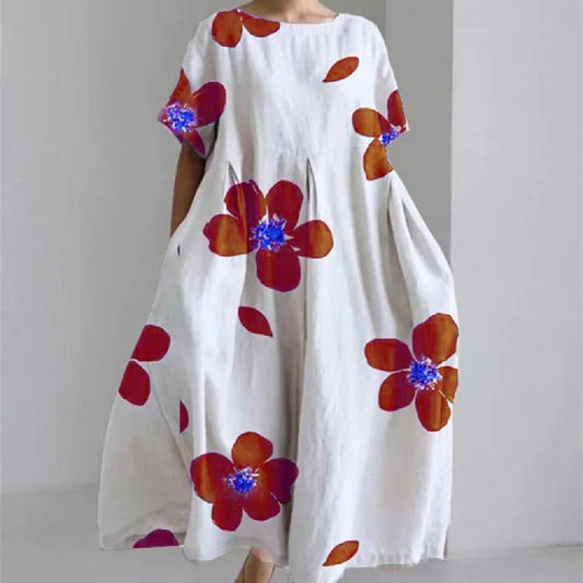 Damen Maxikleid im Retro-Stil mit großem Blumenmuster – Lockeres Sommerkleid für Alltag und Freizeit