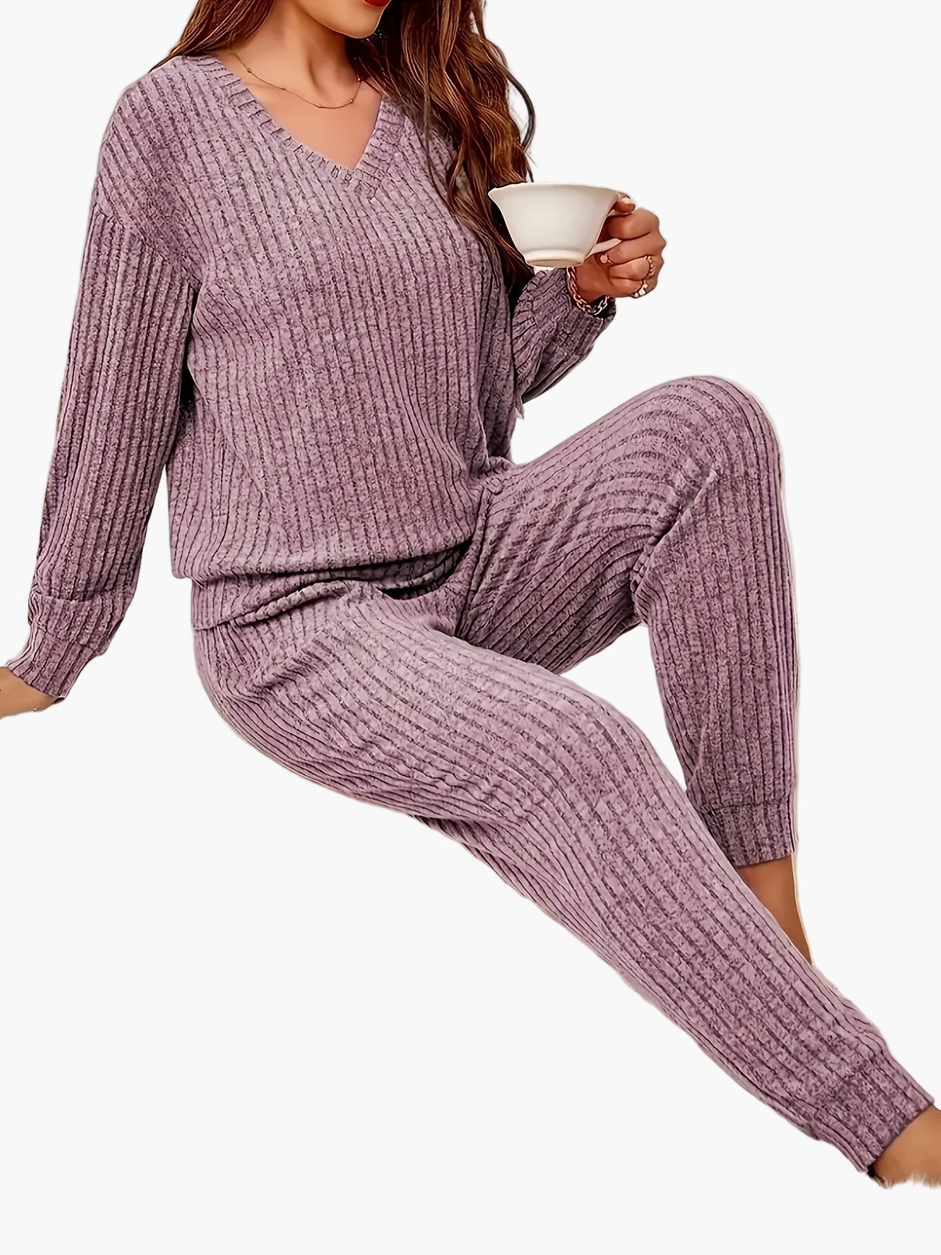 Damen Pyjama Set Lounge Homewear mit Strick-Design – Bequemes Freizeit-Outfit für Zuhause