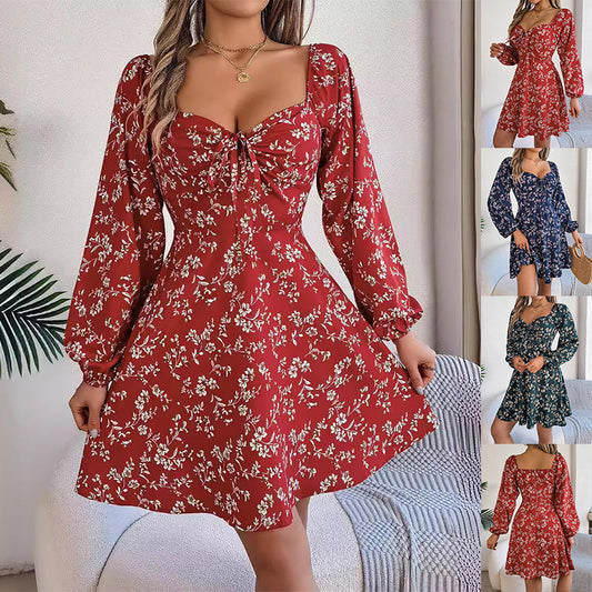 Wendy – Blumendruck Kleid mit Laternenärmeln und A-Linie