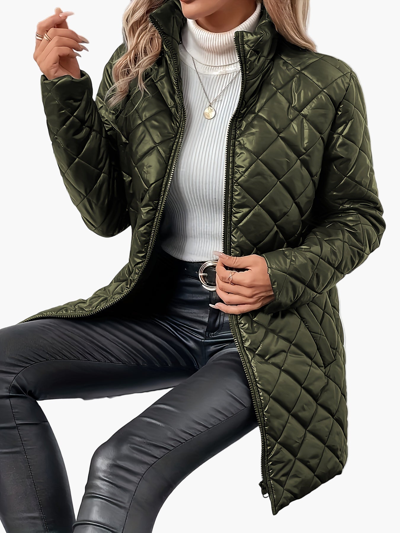 Damen Steppjacke mit modischem Rauten-Design und Stehkragen – Eleganter Übergangs-Style für Alltag und Freizeit