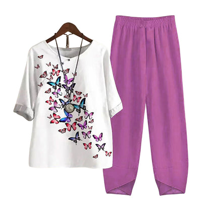 Damen Freizeit Zweiteiler Set – Lockeres Oberteil mit Libellen-Print und Asiatisch Inspirierten Hosen, Modisch für Alltag und Urlaub