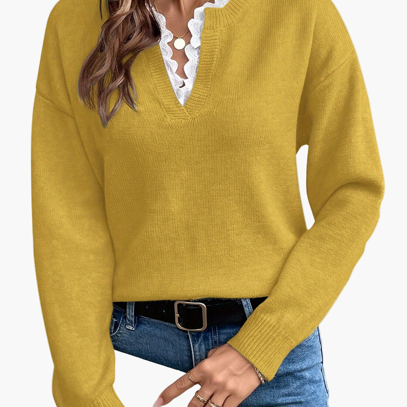 Damen Elegant Pullover mit V-Ausschnitt und Rüschenkragen – Perfekt für Alltag & Büro