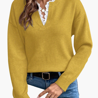 Damen Elegant Pullover mit V-Ausschnitt und Rüschenkragen – Perfekt für Alltag & Büro