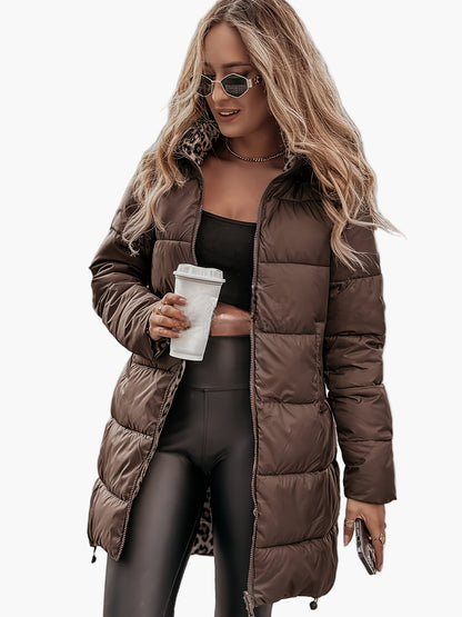 Damen Winter Steppmantel mit Leopardenmuster – Modischer Alltagsmantel für Herbst und Winter