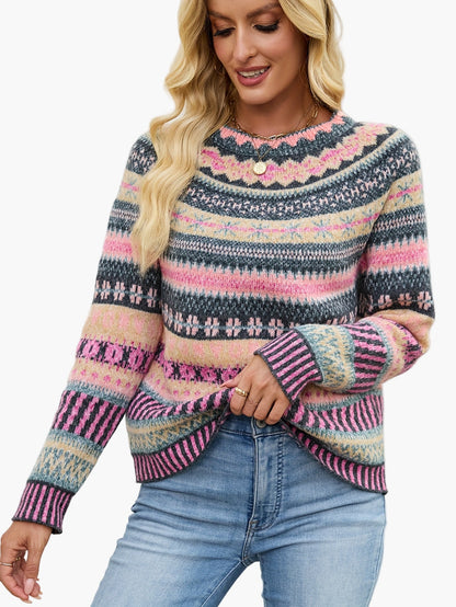 Damen Pullover im Norwegerstil mit Rundhalsausschnitt – Modischer Strickpullover für Herbst und Winter
