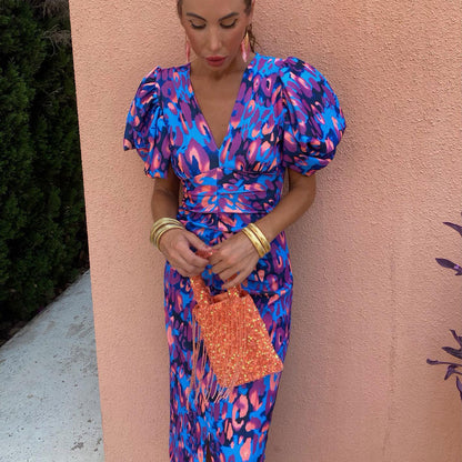 Damen Midikleid mit Puffärmeln und modischem Animal-Print – Elegantes Sommerkleid für besondere Anlässe