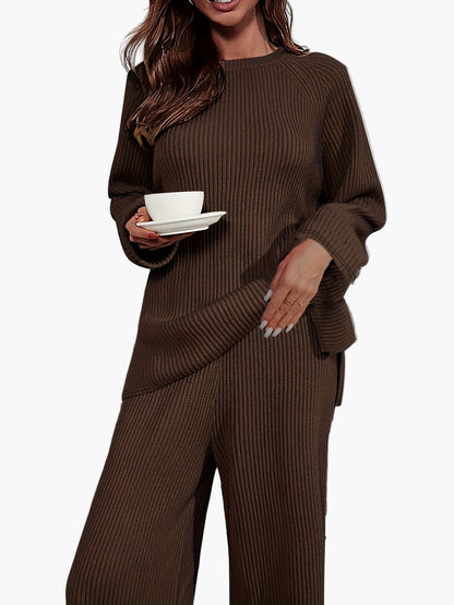 Damen Loungewear Set Zweiteilig Freizeit Strick-Look für Herbst und Winter