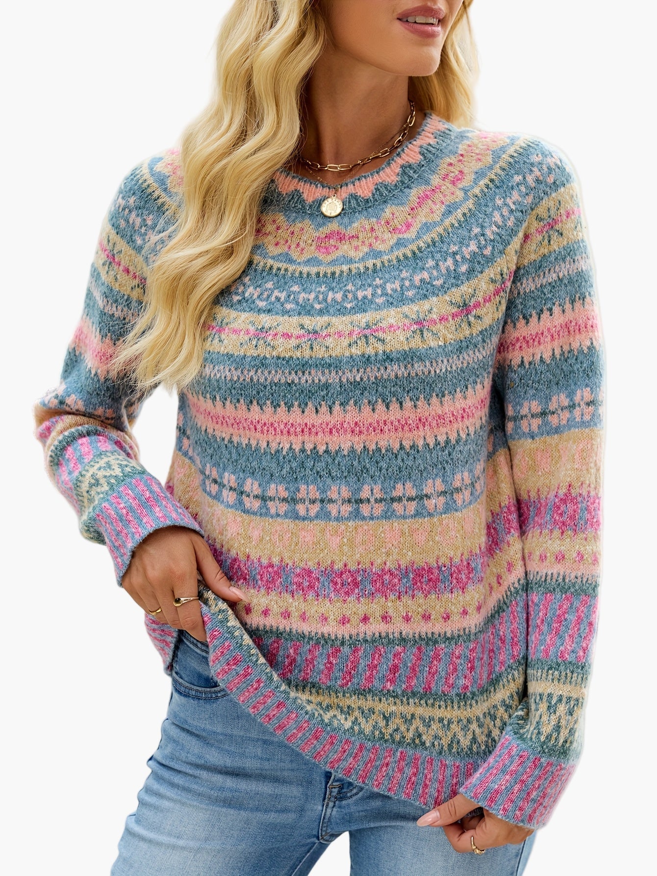 Damen Pullover im Norwegerstil mit Rundhalsausschnitt – Modischer Strickpullover für Herbst und Winter