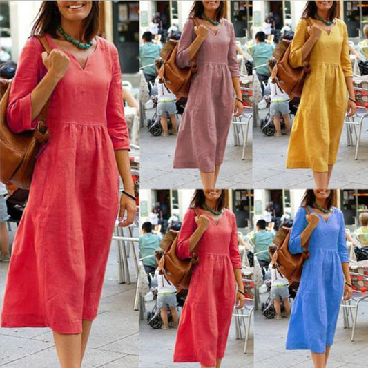 Damen Leinenkleid mit V-Ausschnitt und 3/4-Ärmeln – Elegantes Freizeitkleid für Alltag und Urlaub