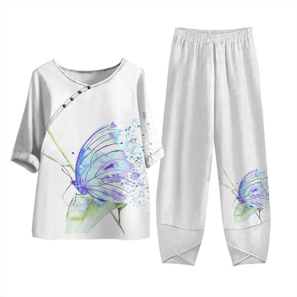 Damen Freizeit Zweiteiler Set – Lockeres Oberteil mit Libellen-Print und Asiatisch Inspirierten Hosen, Modisch für Alltag und Urlaub