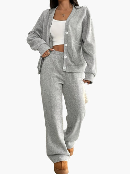 Damen Loungewear Set – Bequemes Freizeit Hausanzug mit Knopfleiste für Zuhause und Alltag