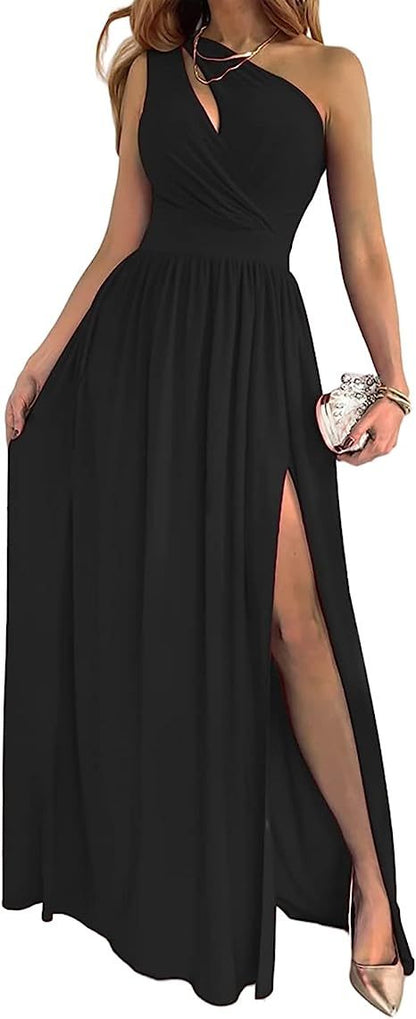 Wendy – Elegantes Maxikleid mit Schulterfreischnitt und hohem Schlitz