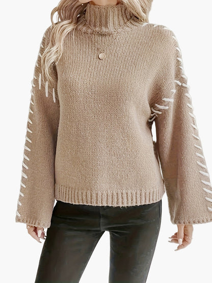 Damen Strickpullover mit weitem Ärmel und Ziernaht, eleganter Herbst/Winter Rollkragen Sweater
