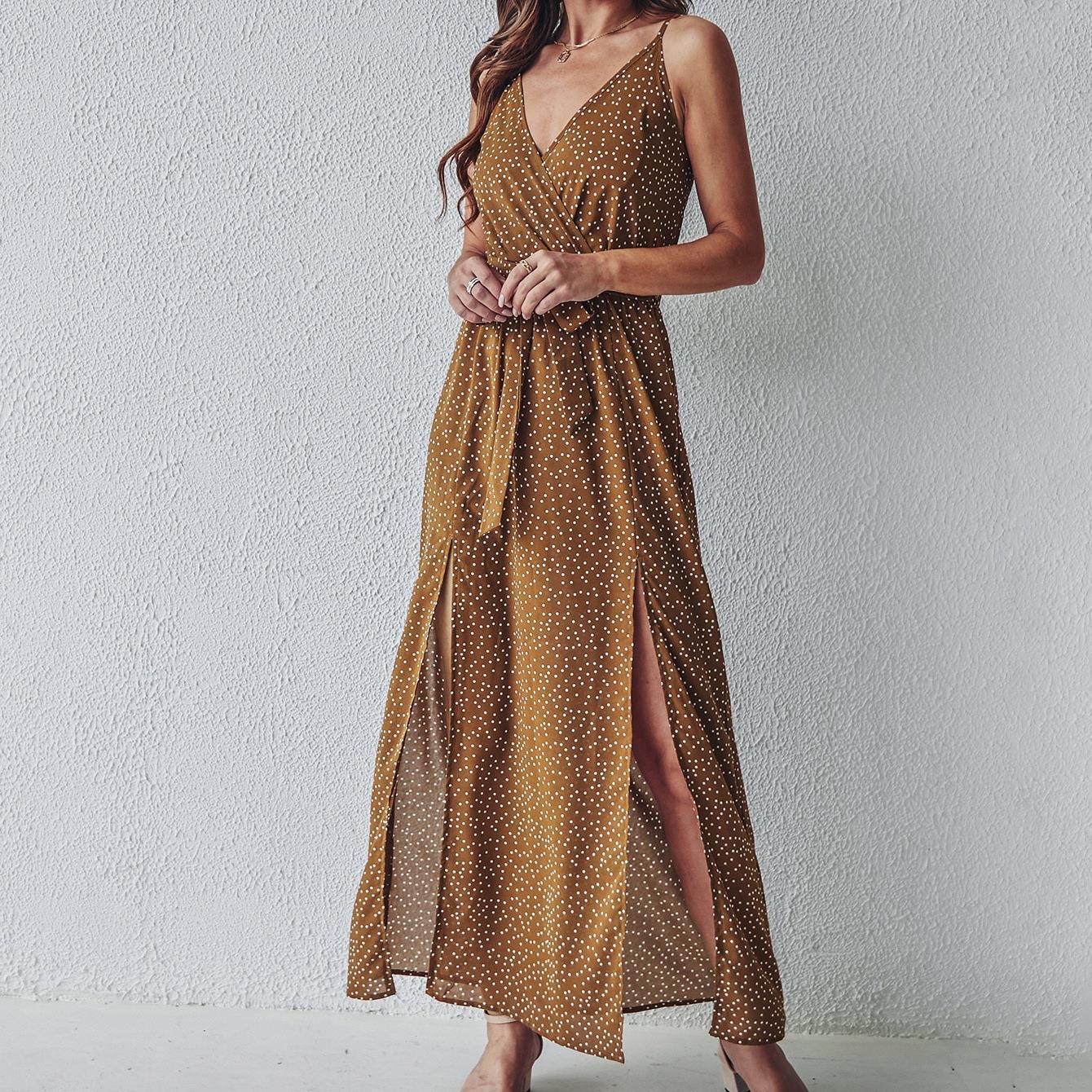 Megan – V-Ausschnitt Träger Blumenschnürkleid mit langem Rock