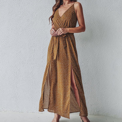 Megan – V-Ausschnitt Träger Blumenschnürkleid mit langem Rock