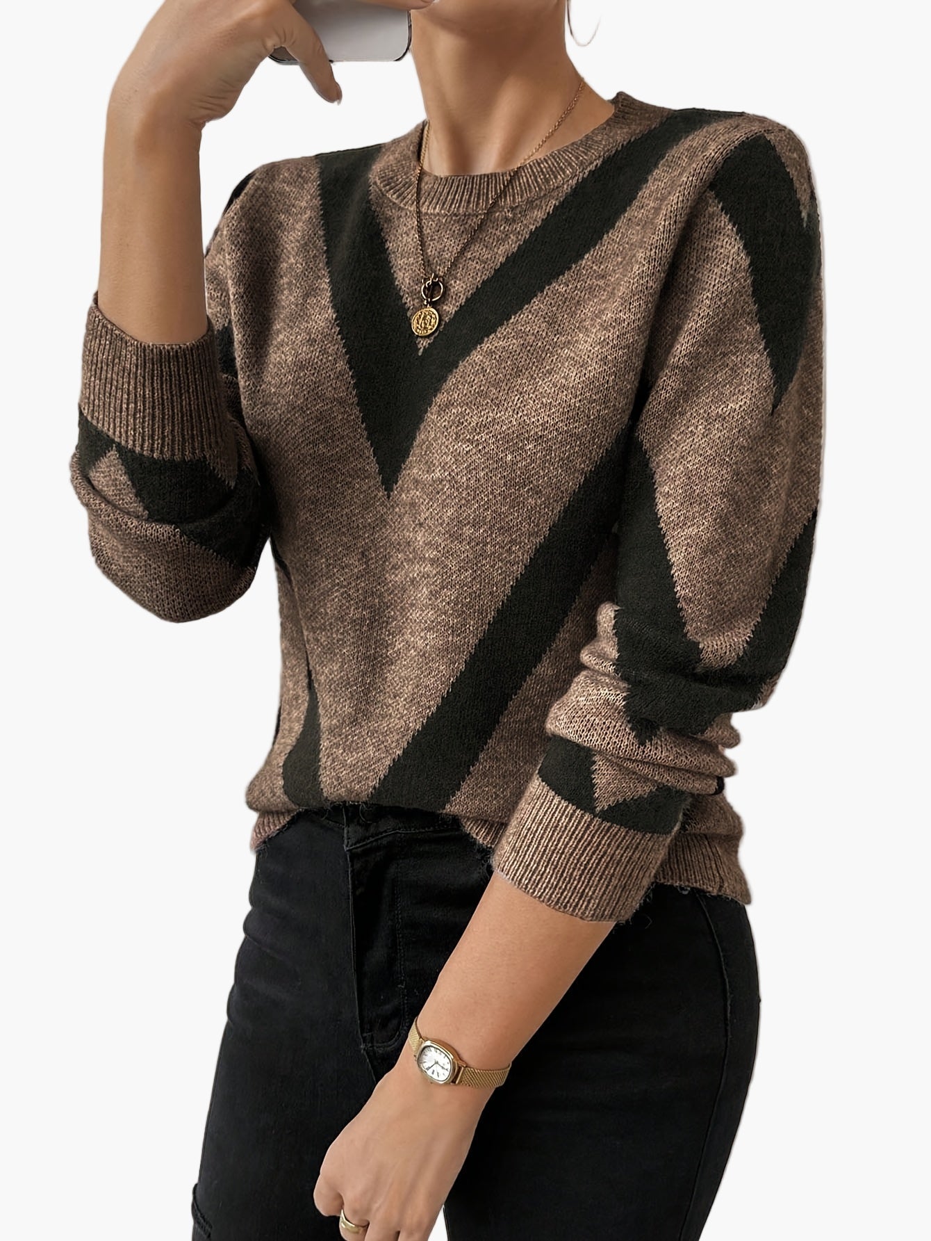 Damen Pullover Eleganter Strickpullover mit geometrischem Muster für Herbst und Winter