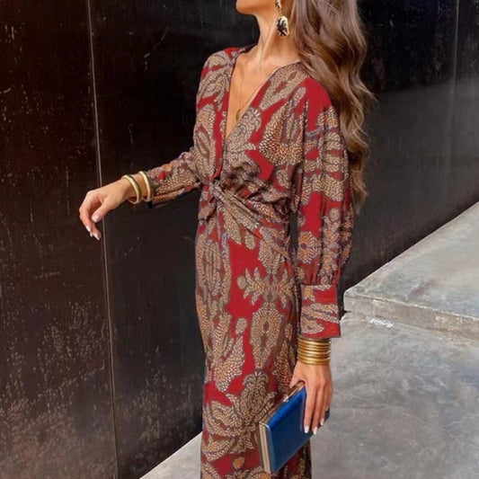 Damen Elegantes Maxikleid mit Print – Stilvolles Kleid für Büro und besondere Anlässe