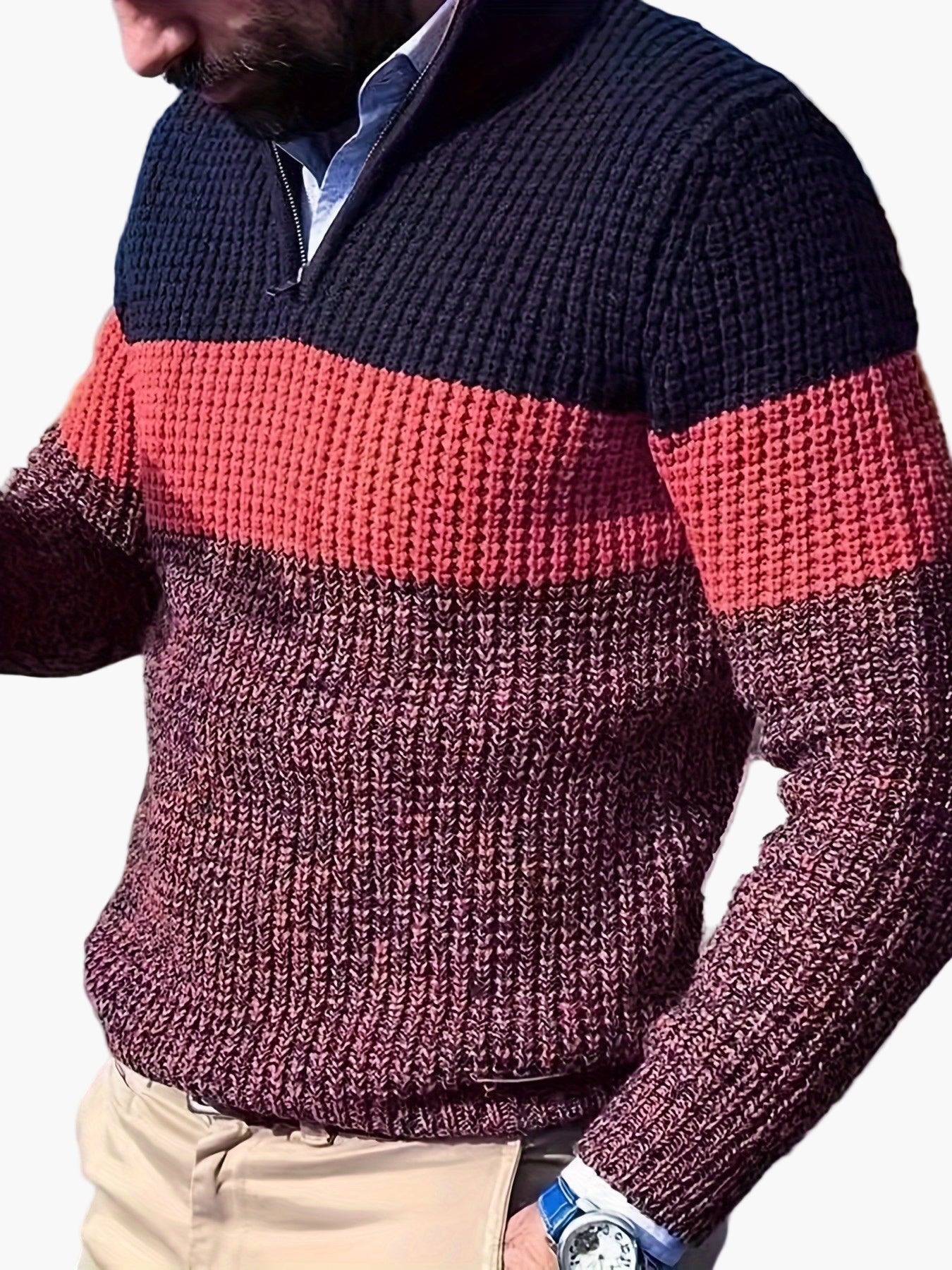 Herren Strickpullover mit Streifenmuster und Stehkragen – Modischer Freizeit-Look für Business & Alltag