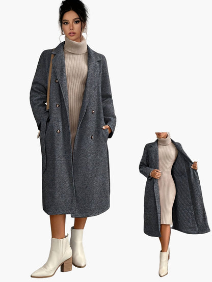 Damen Eleganter Wintermantel mit Gürtel und Taschen – Stilvoller Langmantel für Alltag & Büro