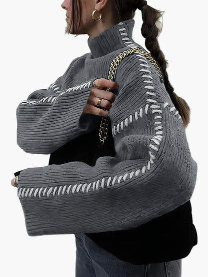 Damen Oversize Strickpullover mit Ziernähten und hohem Kragen – Modischer Herbst/Winter Sweater für trendbewusste Outfits