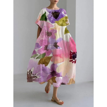 Damen Maxikleid im Retro-Stil mit großem Blumenmuster – Lockeres Sommerkleid für Alltag und Freizeit