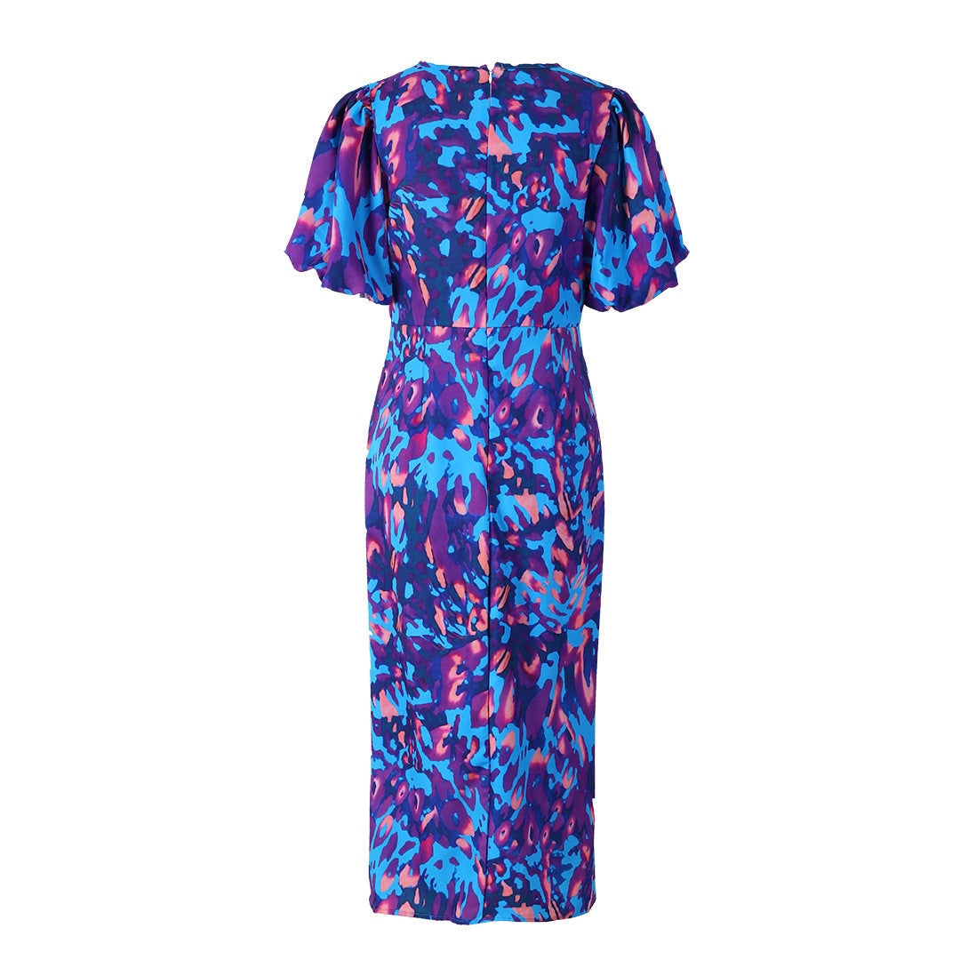 Damen Midikleid mit Puffärmeln und modischem Animal-Print – Elegantes Sommerkleid für besondere Anlässe